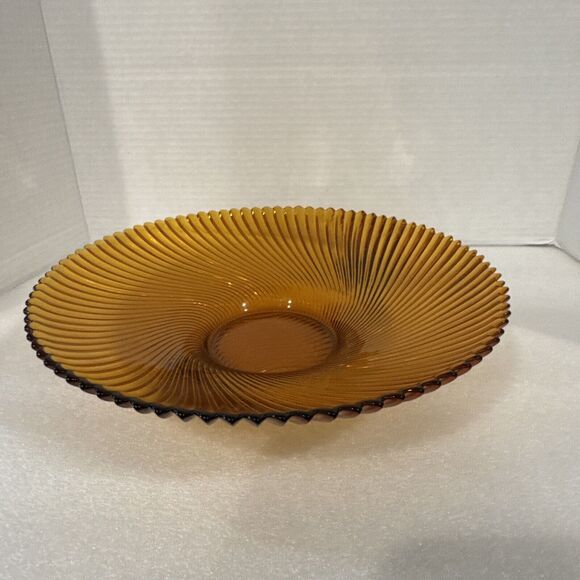 Vintage Amber Glass Centerpiece Large Bowl Swirl Pattern Sawtooth Edge France - Picture 3 of 9